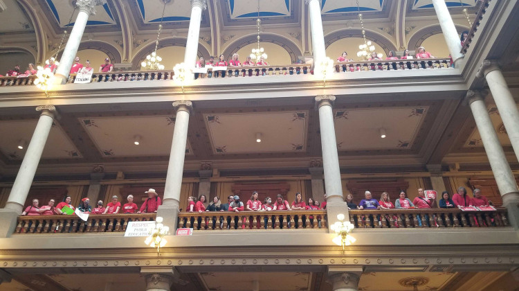 Indiana State Teachers Association members gathered at the Statehouse on Thursday April 13 to demand higher pay and express discontent with legislation introduced in the 2023 session.  - Kirsten Adair/IPB News