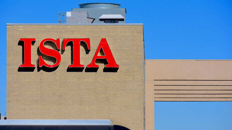 The Indiana State Teachers Association logo atop its headquarters in downtown Indianapolis.  - Justin Hicks/IPB News