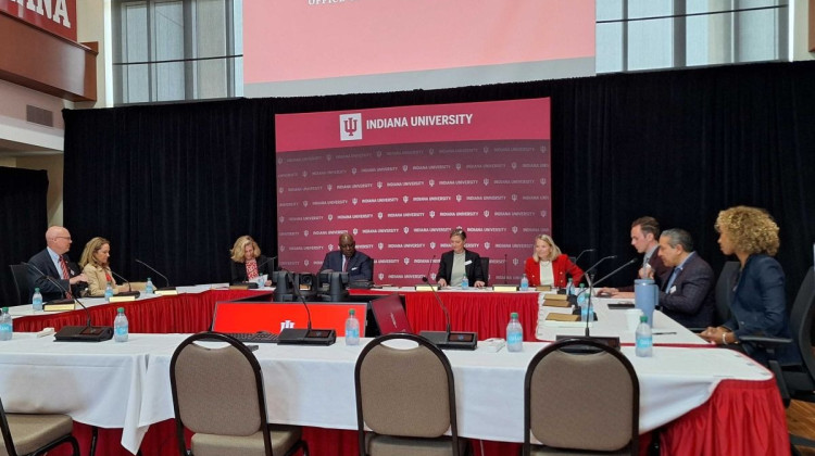 The Indiana University Board of Trustees meeting June 12, 2025, in the Henke Hall of Champions. - Ethan Sandweiss, WFIU / WTIU News