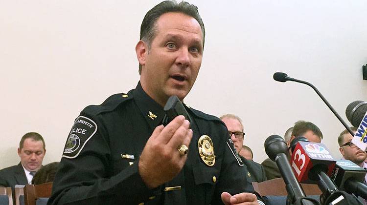 West Lafayette Police Chief Jason Dombkowski testifies before lawmakers on his department's use of body cameras. - Brandon Smith