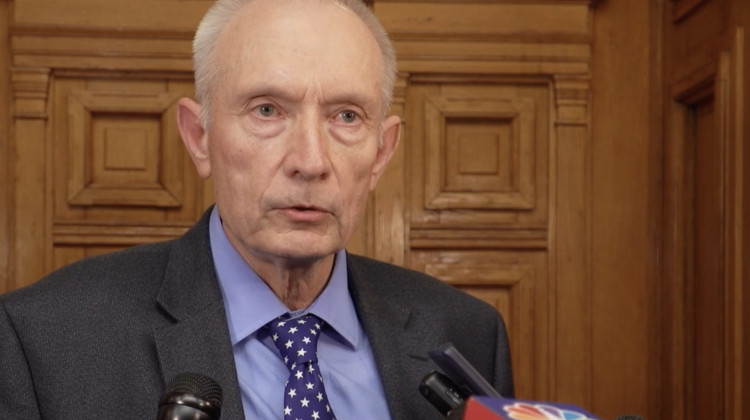 Rep. Jeff Thompson (R-Lizton) speaks with reporters on Friday, Feb. 17, 2023 after unveiling the House GOP budget proposal he led, his first as chair of the House Ways and Means Committee.  - Alan Mbathi/IPB News