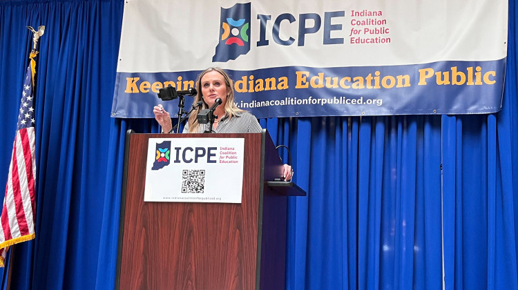 Former Republican state superintendent of public instruction Jennifer McCormick criticized several Republican-authored education bills Monday, Feb. 20, 2023 during a rally held by the Indiana Coalition for Public Education. McCormick may run for governor as a Democrat in 2024. - Lee V. Gaines / WFYI