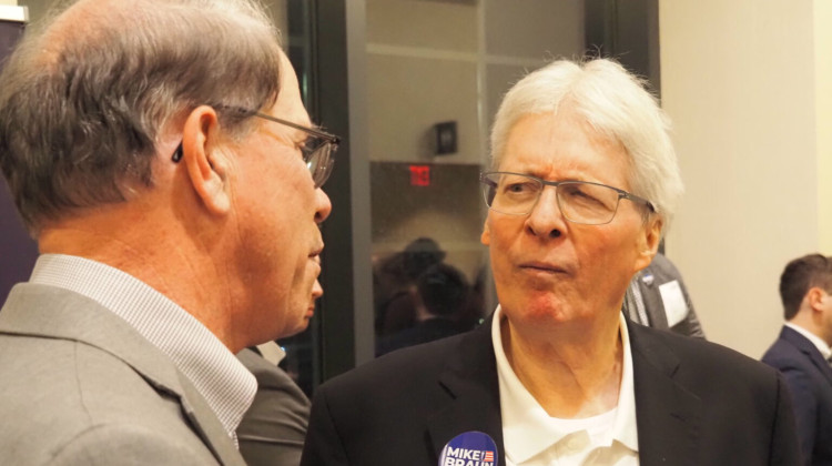 Jim Bopp, right, chats with U.S. Sen. Mike Braun before a Jan. 25, 2024 gubernatorial forum in Carmel. - Whitney Downard / Indiana Capital Chronicle