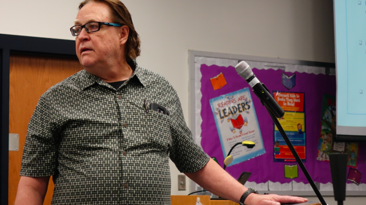 Jim Scheurich, a professor of urban education studies in the IU School of Education at IUPUI, makes a comment during the IPS School Board work session at School 15 on Tuesday, April 18, 2017. Scheurich is worried that the closure of schools will have unequal impact by race. - Eric Weddle/WFYI Public Media