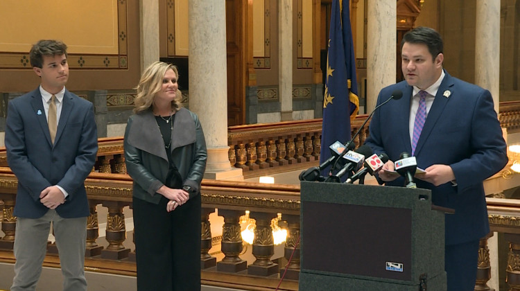 Left to right: Dominic Conover, State Superintendent Jennifer McCormick and Sen. J.D. Ford announced the anti-discrimination bill at the statehouse Friday.  - Jeanie Lindsay/IPB News