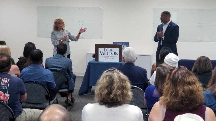 State Superintendent of Public Instruction Jennifer McCormick and Sen. Eddie Melton (D-Gary) give opening remarks at the first stop on their statewide listening tour.  - Jeanie Lindsay/IPB News