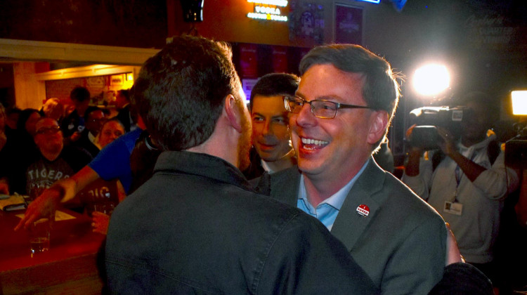 James Mueller hugs a supporter at Corby's Irish Pub after winning the South Bend mayoral election. - Photo provided by Alex Warren