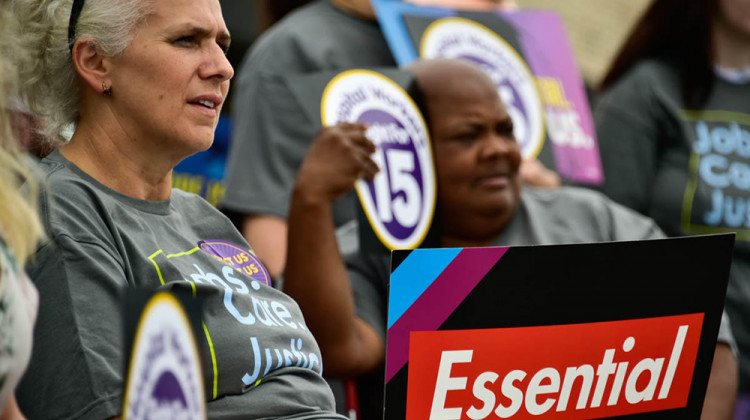 SEIU union members rally outside their hall in Merrillville to advocate for a $15 an hour minimum wage in Indiana. - Justin Hicks/IPB News