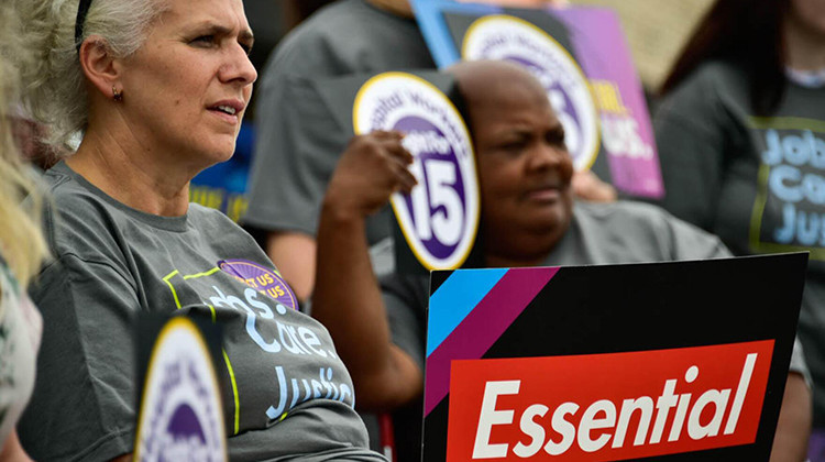 Union members rally in northwest Indiana in 2021 for better pay and benefits for health care workers.  - Justin Hicks/IPB News