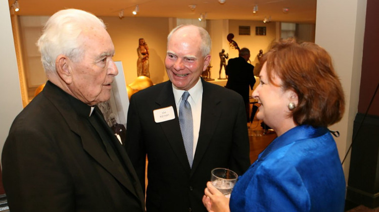 (From left to right) Father Theodore Hesburgh talks with former Gov. Joe Kernan and his wife Maggie. - Provided by the Kernan family