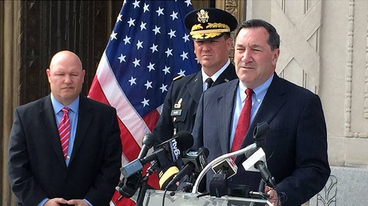 Sen. Joe Donnelly speaks about his mental health for veterans measure at the Indiana War Memorial on May 31. - Brandon Smith