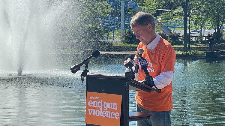 Caption: Indianapolis Mayor Joe Hogsett spoke in support of "common-sense gun reform" at a rally on June 3, 2022. - Carter Barrett/Side Effects Public Media