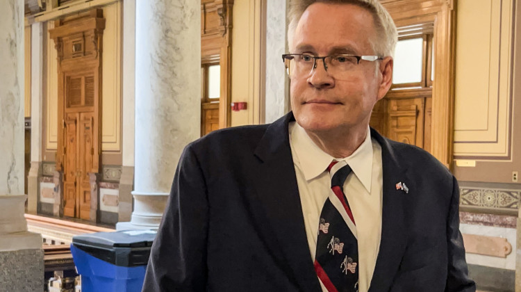 John Rust spoke with people outside the Indiana Supreme Court chambers following Monday's hearing on his ballot access lawsuit. - Brandon Smith/IPB News