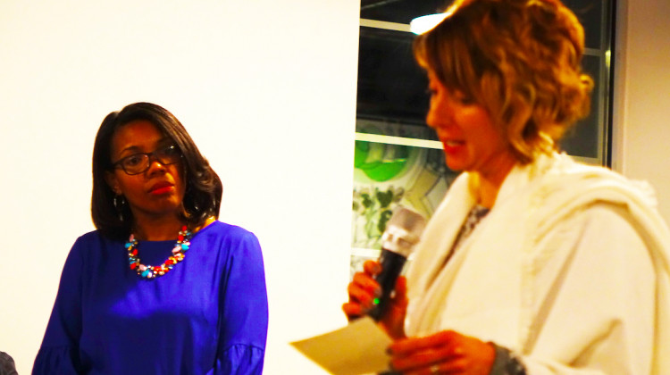 IPS Superintendent Aleesia Johnson listens to Jamie VanDeWalle, the district's innovation school manager, during a meeting at Tube Factory on Monday, Dec. 2, 2019. - By Eric Weddle/WFYI News