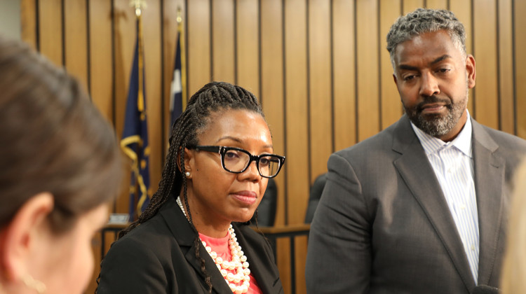 IPS Superintendent Aleesia Johnson and school board president Evan Hawkins speak to the media after the board voted unanimously to approve the Rebuilding Stronger plan at the John Morton Finney Center on Thursday, Nov. 17, 2022. - Eric Weddle / WFYI