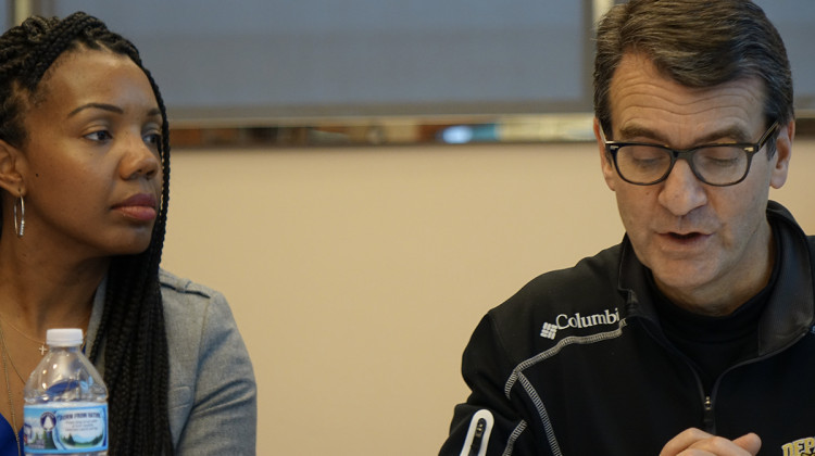 IPS Superintendent Aleesia Johnson listens to Michael O'Connor, school district Board of Commissioners president, during a January 2020 meeting. - Eric Weddle/WFYI News