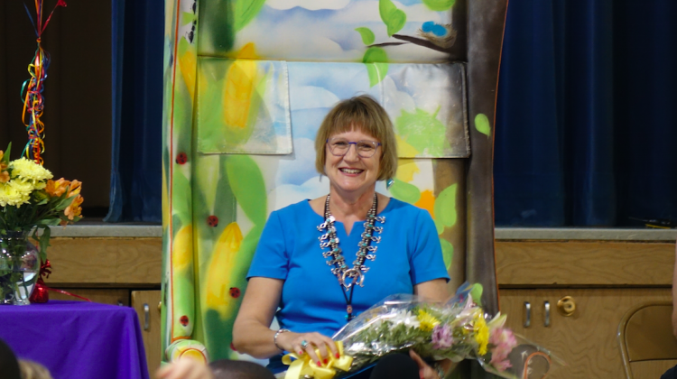 Kathleen Rauth sits during the '2018 Teacher of the Year" celebration for her at Center for Inquiry School 27. - Eric Weddle/WFYI Public Media