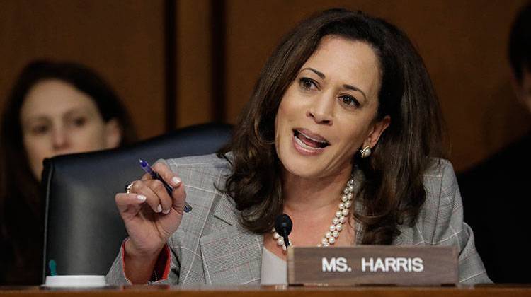 FILE - In a Tuesday, June 13, 2017 file photo, Sen. Kamala Harris, D-Calif., questions Attorney General Jeff Sessions as he testifies before the Senate Select Committee on Intelligence on Capitol Hill in Washington. Harris announced this week she is investigating the pharmaceutical company Alkermes for its marketing and lobbying efforts used to sell its addiction drug, Vivitrol. - AP Photo/J. Scott Applewhite, File