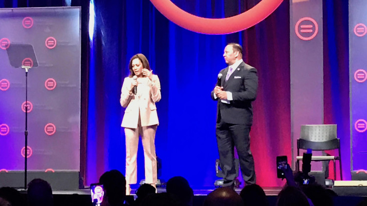 U.S. Sen. Kamala Harris (D-Calif.) does a Q&A with National Urban League President Marc Morial at the League's conference in Indianapolis.  - David Wolfe Bender/WFYI