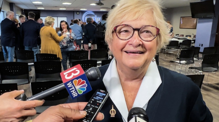 Former State Sen. Karen Tallian smiles as she speaks to reporters following her election as Indiana Democratic Party chair on March 15, 2025. - Brandon Smith / IPB News