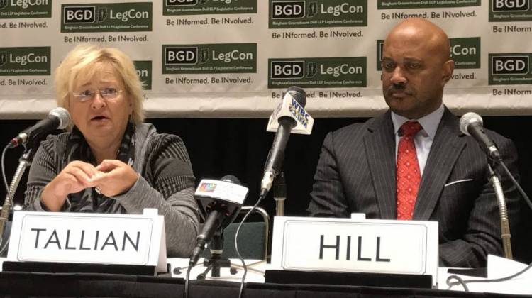 Sen. Karen Tallian (D-Portage) and Attorney General Curtis Hill (R-Ind.) debated marijuana policy at a conference Wednesday. - Brandon Smith/IPB News