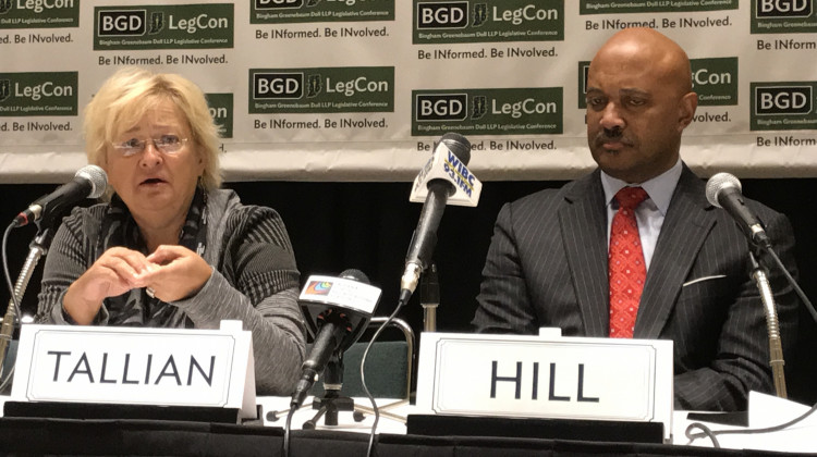 Sen. Karen Tallian (D-Ogden Dunes) next to incumbent Republican Attorney General Curtis Hill at a 2017 legislative conference.  - Brandon Smith/IPB News