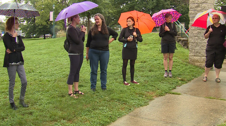 A group gathered in Bloomington's Third Street Park to highlight the importance of believing victims of sexual assault and harassment. - Steve Burns/WTIU-WFIU News