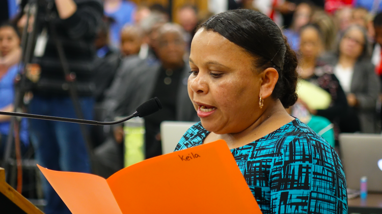 Indianapolis Public Schools parent Keila Vargas urges the school board to approve a resolution supporting immigrant and undocumented students and their families on Thursday, Feb. 23, 2017.  - Eric Weddle/WFYI Public Media