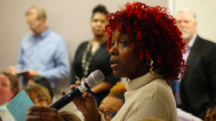 IPS alumni Kimberly Brown, questioned whether the district was trying hard  enough to improve the high schools and magnet programs to combat declining enrollment, during a public meeting April 26, 2017 at Glendale Library. - Eric Weddle/WFYI Public Media