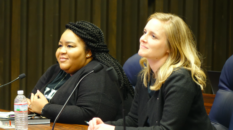 Believe Circle City’s founder Kimberly Neal, left, and, Believe Board chairwoman Taylor Brown at the Indianapolis Charter School Board meeting Tuesday, April 30, 2019. - Eric Weddle/WFYI News