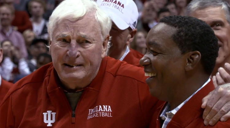 An emotional Bob Knight hugs Isiah Thomas on the court at halftime of a Feb. 8, 2020, game at Simon Skjodt Assembly Hall.  - (WTIU News)