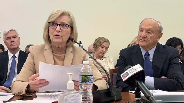 State Health Commissioner Dr. Kris Box, left, and Public Health Commission co-chair and former state Sen. Luke Kenley, right, present legislation to the Senate Health and Provider Services Committee on Wednesday, Feb. 1, 2023.  - Brandon Smith/IPB News