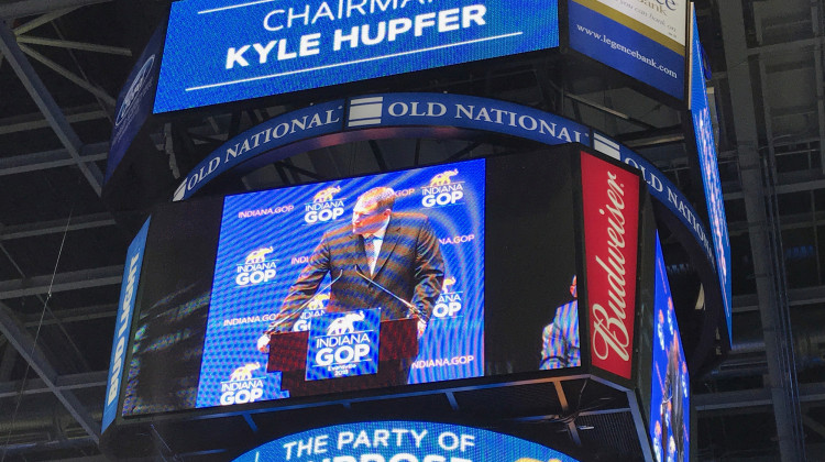The video board at Evansville's Ford Center shows Indiana Republican Party Chair Kyle Hupfer as he speaks to his party's convention. - Brandon Smith/IPB News