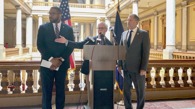 Senate Democrats – from left, Sen. Eddie Melton (D-Gary), Sen. Tim Lanane (D-Anderson) and Sen. Mark Stoops (D-Bloomington) – are calling for greater accountability for virtual charter schools. - Brandon Smith/IPB News