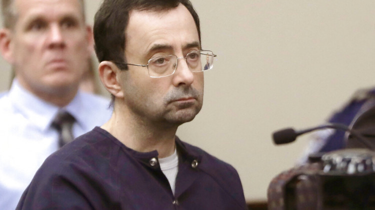 FILE - In this Jan. 24, 2018, file photo, Larry Nassar, a former doctor for USA Gymnastics and member of Michigan State's sports medicine staff, sits in court during his sentencing hearing in Lansing, Mich. - AP Photo/Carlos Osorio, File