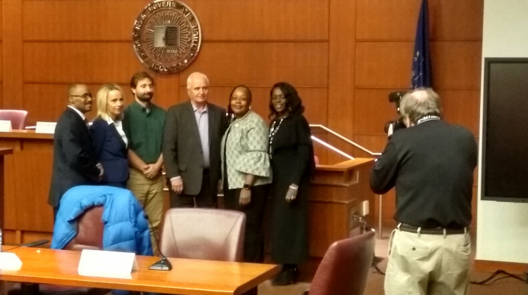 Experts at the lead forum, left to right: NAACP's Garry Holland, University of Notre Dame's Heidi Beidinger, IUPUI's John Shukle,  Sen. Rick Niemeyer (R-Lowell), Rep. Carolyn Jackson (D-Hammond), and moderator Eunice Trotter.  - Rebecca Thiele/IPB News