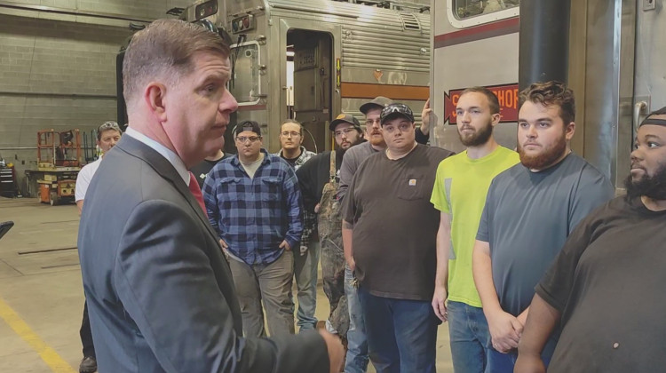 U.S. Secretary of Labor Marty Walsh and U.S. Rep. Frank Mrvan (D-Highland) speak to a large group of workers during the tour. - Adam Yahya Rayes/IPB News