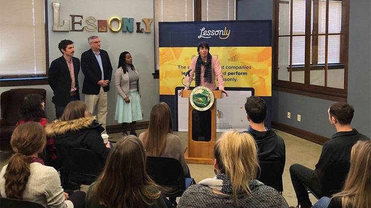 Gov. Eric Holcomb and Lessonly executives announced the expansion on Thursday. - Courtesy Office of Gov. Eric Holcomb via Twitter