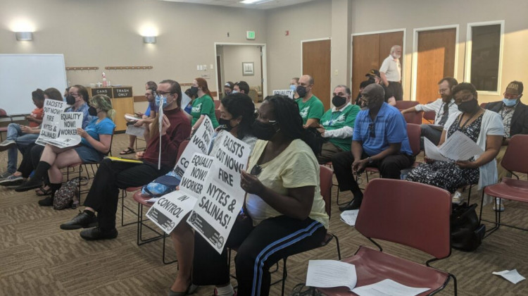 Members of the Library Workers Union and the Party for Socialism and Liberation filled the July IndyPL board of trustees meeting on Monday July 26, 2021 to call for CEO Jackie Nytes and board President Judge Jose Salinas to step down. - Breanna Cooper/The Indianapolis Recorder