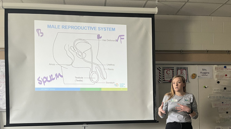 A health educator with the Indianapolis-based nonprofit LifeSmart Youth leads a sex education class for fifth graders at an Indianapolis school in April 2022. - Lee V. Gaines/WFYI