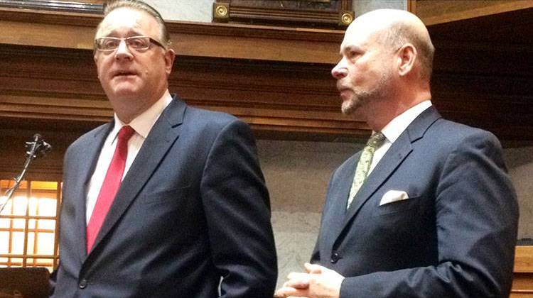 House Speaker Brian Bosma and Senate GOP Leader David Long talk with the media Monday morning in the Senate chamber. - Brandon Smith