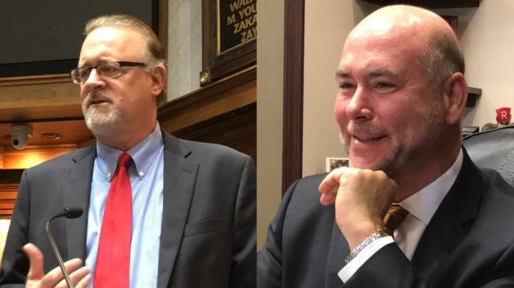 Senate President Pro Tem David Long (R-Fort Wayne), left, and House Speaker Brian Bosma (R-Indianapolis), right, say they're respective chambers have reached an agreement on legislation to address Indianaâ€™s workforce development issues. - Brandon Smith/IPB News