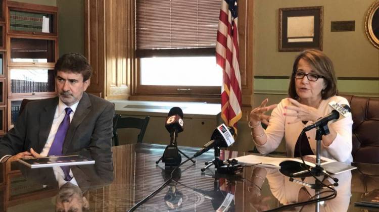 Chief Justice Loretta Rush (right) and Justice Steven David present the Supreme Court's annual report. - Brandon Smith/IPB News