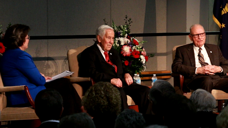 USI President Dr. Linda L.M. Bennett moderates discussion between former Senator Richard G. Lugar (center) and former Congressman Lee H. Hamilton (right). - Samantha Horton
