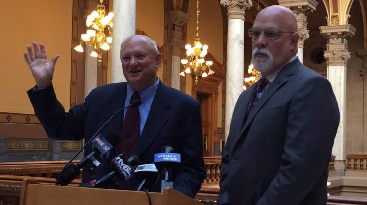 Budget authors Sen. Luke Kenley (R-Noblesville), left, and Rep. Tim Brown (R-Crawfordsville), right, will receive a new revenue forecast before finalizing the budget. - Brandon Smith/IPB