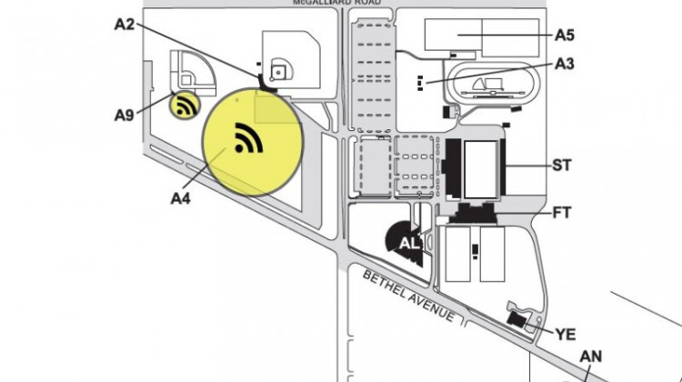 The yellow Wi-Fi circles show the parking lot to look for.  - Ball State University