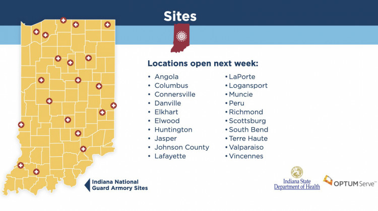OptumServe Health Services will set up 20 COVID-19 testing sites around the state within the next week, with 50 total sites within two weeks. - Map provided by Gov. Holcomb's office