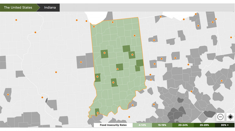 Map the Meal Gap Indiana data. Food insecurity is down slightly, according to an annual report from Feeding America.  - Courtesy of Feeding America