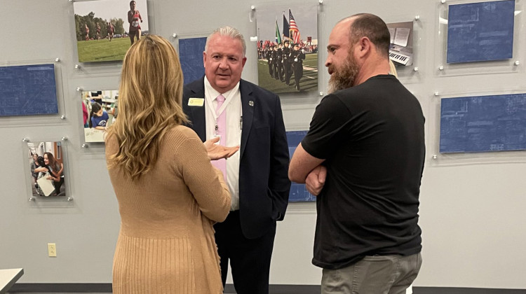 Patrick Mapes was appointed as the superintendent of Hamilton Southeastern Schools on Feb. 28 by the district board of trustees. Mapes (center) talks to district staff at the district central office on Monday, March 4, 2024. - Courtesy of Hamilton Southeastern Schools