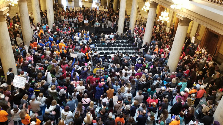 Protesters filled the main floor of the Indiana Statehouse Saturday after snow drove them indoors. - FILE: Jeanie Lindsay/IPB News